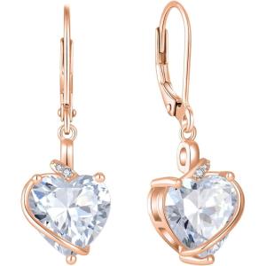 image:imageHeart Birthstone Earrings for Women Silver Tone Heart Shaped Dangle Drop Leverback Earrings Jewelry for Her04 April  Zirconia  Rose Gold