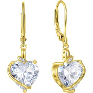 image:imageHeart Birthstone Earrings for Women Silver Tone Heart Shaped Dangle Drop Leverback Earrings Jewelry for Her04 April  Zirconia  Yellow Gold