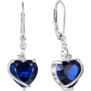 image:imageHeart Birthstone Earrings for Women Silver Tone Heart Shaped Dangle Drop Leverback Earrings Jewelry for Her09 September  Sapphire