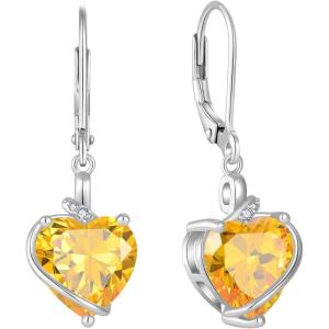 image:imageHeart Birthstone Earrings for Women Silver Tone Heart Shaped Dangle Drop Leverback Earrings Jewelry for Her11 November  Citrine