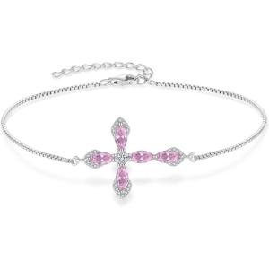 image:imageCross Bracelet for Women 925 Sterling Silver Halo Gemstone Religious Christian Bracelet Birthstone Jewelry for Her