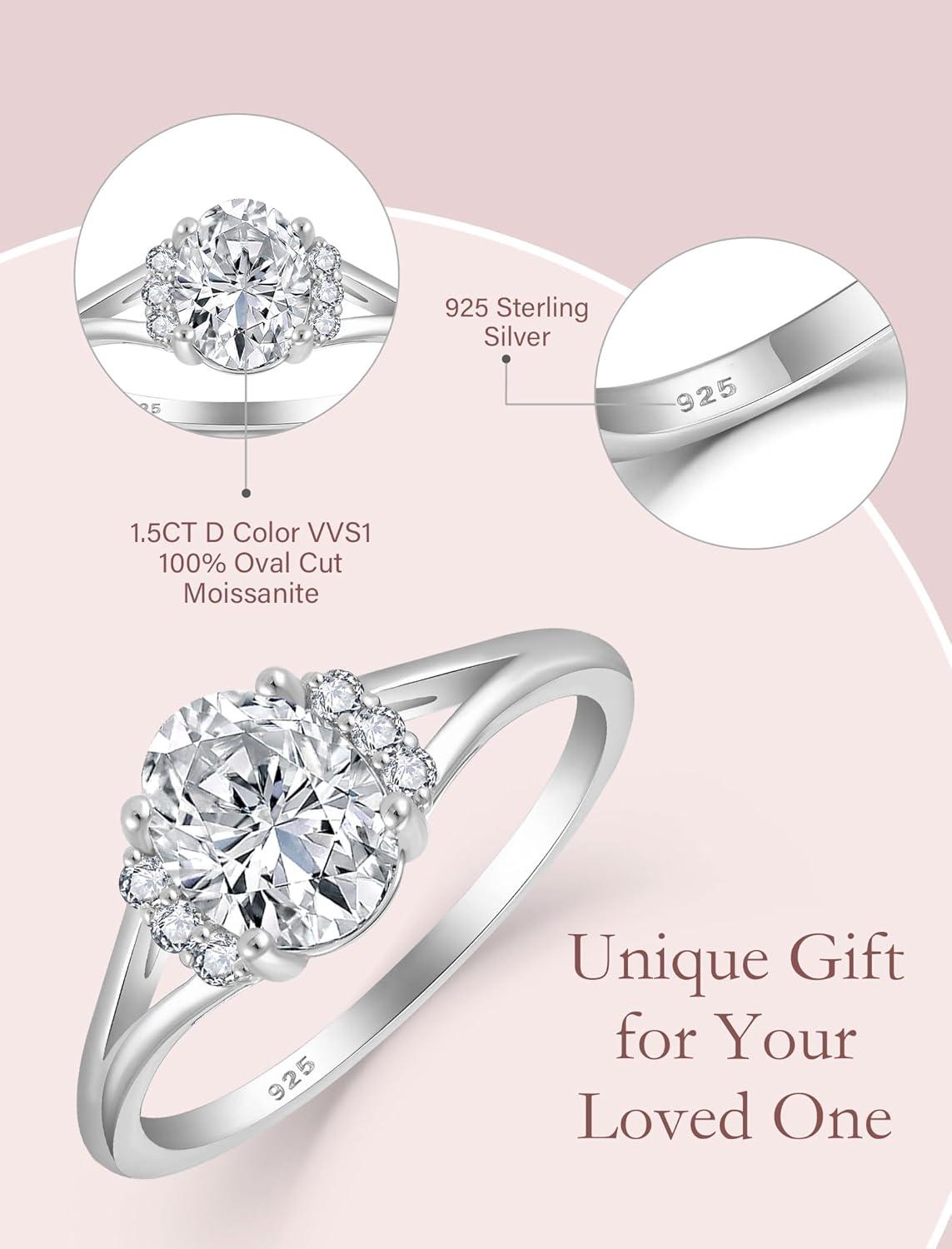 image:imageMoissanite Engagement Ring for Women 925 Sterling Silver 15CT D Color VVS1 Oval Cut Moissanite Promise Anniversary Wedding Ring for Her Size 510