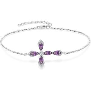 image:imageCross Bracelet for Women 925 Sterling Silver Halo Gemstone Religious Christian Bracelet Birthstone Jewelry for Her02 February  Amethyst
