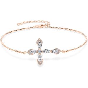 image:imageCross Bracelet for Women 925 Sterling Silver Halo Gemstone Religious Christian Bracelet Birthstone Jewelry for Her04 April  Zirconia  Rose Gold Plated