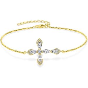 image:imageCross Bracelet for Women 925 Sterling Silver Halo Gemstone Religious Christian Bracelet Birthstone Jewelry for Her04 April  Zirconia  Yellow Gold Plated
