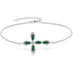 image:imageCross Bracelet for Women 925 Sterling Silver Halo Gemstone Religious Christian Bracelet Birthstone Jewelry for Her05 May  Emerald