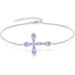 image:imageCross Bracelet for Women 925 Sterling Silver Halo Gemstone Religious Christian Bracelet Birthstone Jewelry for Her06 June  Alexandrite
