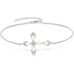 image:imageCross Bracelet for Women 925 Sterling Silver Halo Gemstone Religious Christian Bracelet Birthstone Jewelry for Her10 October  Opal