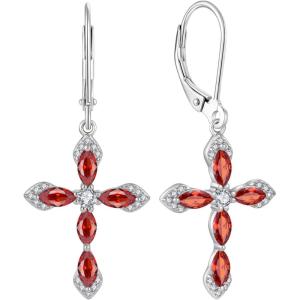 image:imageCross Earrings for Women 925 Sterling Silver Birthstone Dangle Drop Leverback Earrings Christian Religious Jewelry for Her01 January  Garnet