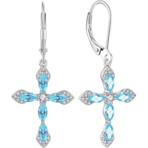 image:imageCross Earrings for Women 925 Sterling Silver Birthstone Dangle Drop Leverback Earrings Christian Religious Jewelry for Her03 March  Aquamarine