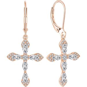 image:imageCross Earrings for Women 925 Sterling Silver Birthstone Dangle Drop Leverback Earrings Christian Religious Jewelry for Her04 April  Zirconia  Rose Gold Plated