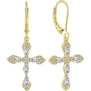 image:imageCross Earrings for Women 925 Sterling Silver Birthstone Dangle Drop Leverback Earrings Christian Religious Jewelry for Her04 April  Zirconia  Yellow Gold Plated