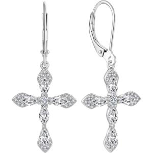 image:imageCross Earrings for Women 925 Sterling Silver Birthstone Dangle Drop Leverback Earrings Christian Religious Jewelry for Her04 April  Zirconia