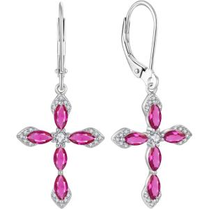 image:imageCross Earrings for Women 925 Sterling Silver Birthstone Dangle Drop Leverback Earrings Christian Religious Jewelry for Her07 July  Ruby
