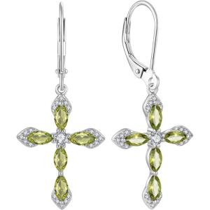 image:imageCross Earrings for Women 925 Sterling Silver Birthstone Dangle Drop Leverback Earrings Christian Religious Jewelry for Her08 August  Peridot