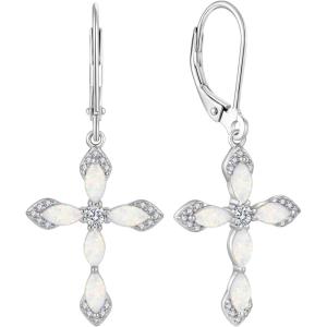 image:imageCross Earrings for Women 925 Sterling Silver Birthstone Dangle Drop Leverback Earrings Christian Religious Jewelry for Her10 October  Opal
