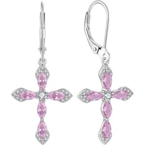 image:imageCross Earrings for Women 925 Sterling Silver Birthstone Dangle Drop Leverback Earrings Christian Religious Jewelry for Her10 October  Pink Tourmaline