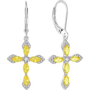 image:imageCross Earrings for Women 925 Sterling Silver Birthstone Dangle Drop Leverback Earrings Christian Religious Jewelry for Her11 November  Citrine