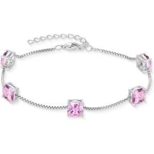 image:imageBirthstone Bracelet for Women 925 Sterling Silver Dainty Princess Cut Link Bracelet Jewelry for Mom Wife10 October  Pink Tourmaline