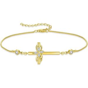 image:imageCross Bracelet for Women 925 Sterling Silver Infinity Butterfly Birthstone Link Bracelet Crucifix Religious Jewelry for Women04 April  Zirconia  Yellow Gold Plated