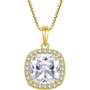 image:imageBirthstone Necklace for Women 925 Sterling Silver Princess Cut Halo Necklace Pendant Jewelry Gifts for Her04 April  Zirconia  Gold Plated