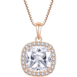 image:imageBirthstone Necklace for Women 925 Sterling Silver Princess Cut Halo Necklace Pendant Jewelry Gifts for Her04 April  Zirconia  Rose Gold Plated