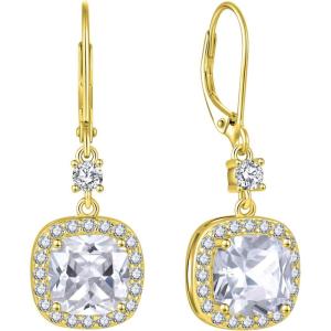 image:imageWomen Leverback Earrings 925 Sterling Silver Princess Cut Halo Earrings Birthstone Dangle Drop Earrings for Women Her Mom Wife04 April  Zirconia  Gold Plated