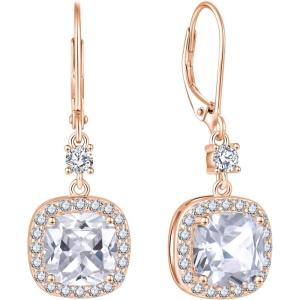 image:imageWomen Leverback Earrings 925 Sterling Silver Princess Cut Halo Earrings Birthstone Dangle Drop Earrings for Women Her Mom Wife04 April  Zirconia  Rose Gold Plated