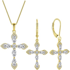 image:image18K Gold Plated Cross Necklace and Earrings 925 Sterling Silver Cubic Zirconia Jewelry Set Gemstone Crucifix Religious Pendant Dangle Earrings April Birthstone Jewelry for Mom Wife
