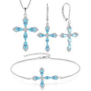 image:imageCross Necklace Earrings Bracelet 925 Sterling Silver Aquamarine Jewelry Set Gemstone Crucifix Religious March Birthstone Jewelry for Women