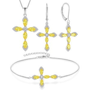 image:imageCross Necklace Earrings Bracelet 925 Sterling Silver Citrine Jewelry Set Gemstone Crucifix Religious November Birthstone Jewelry for Women