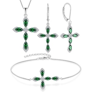image:imageCross Necklace Earrings Bracelet 925 Sterling Silver Emerald Jewelry Set Gemstone Crucifix Religious May Birthstone Jewelry for Women
