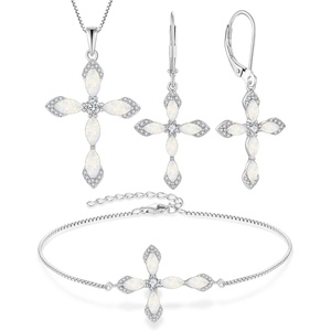 image:imageCross Necklace Earrings Bracelet 925 Sterling Silver Opal Jewelry Set Gemstone Crucifix Religious October Birthstone Jewelry for Women