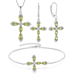 image:imageCross Necklace Earrings Bracelet 925 Sterling Silver Peridot Jewelry Set Gemstone Crucifix Religious August Birthstone Jewelry for Women