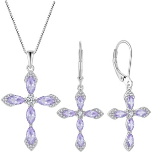 image:imageCross Necklace and Earrings 925 Sterling Silver Alexandrite Jewelry Set Gemstone Crucifix Religious Pendant Dangle Earrings June Birthstone Jewelry for Mom Wife