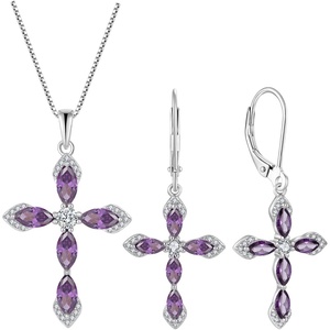 image:imageCross Necklace and Earrings 925 Sterling Silver Amethyst Jewelry Set Gemstone Crucifix Religious Pendant Dangle Earrings February Birthstone Jewelry for Mom Wife