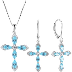 image:imageCross Necklace and Earrings 925 Sterling Silver Aquamarine Jewelry Set Gemstone Crucifix Religious Pendant Dangle Earrings March Birthstone Jewelry for Mom Wife