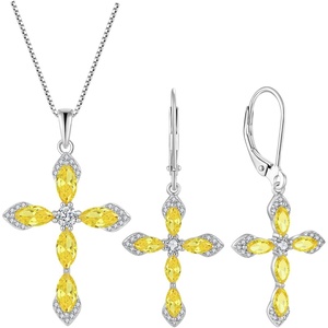 image:imageCross Necklace and Earrings 925 Sterling Silver Citrine Jewelry Set Gemstone Crucifix Religious Pendant Dangle Earrings November Birthstone Jewelry for Mom Wife