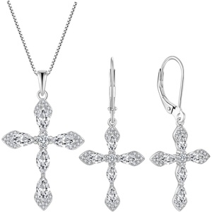 image:imageCross Necklace and Earrings 925 Sterling Silver Cubic Zirconia Jewelry Set Gemstone Crucifix Religious Pendant Dangle Earrings April Birthstone Jewelry for Mom Wife