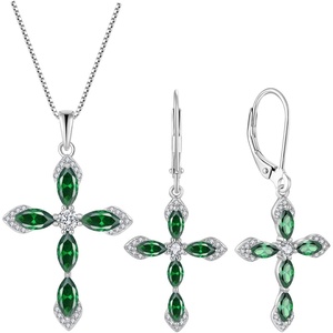 image:imageCross Necklace and Earrings 925 Sterling Silver Emerald Jewelry Set Gemstone Crucifix Religious Pendant Dangle Earrings May Birthstone Jewelry for Mom Wife