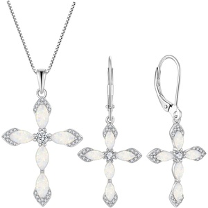 image:imageCross Necklace and Earrings 925 Sterling Silver Opal Jewelry Set Gemstone Crucifix Religious Pendant Dangle Earrings October Birthstone Jewelry for Mom Wife