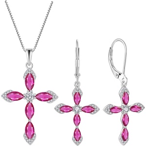 image:imageCross Necklace and Earrings 925 Sterling Silver Ruby Jewelry Set Gemstone Crucifix Religious Pendant Dangle Earrings July Birthstone Jewelry for Mom Wife