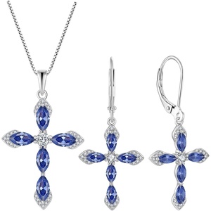 image:imageCross Necklace and Earrings 925 Sterling Silver Tanzanite Jewelry Set Gemstone Crucifix Religious Pendant Dangle Earrings December Birthstone Jewelry for Mom Wife