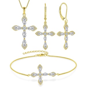 image:image18K Gold Plated Cross Necklace Earrings Bracelet 925 Sterling Silver Cubic Zirconia Jewelry Set Gemstone Crucifix Religious April Birthstone Jewelry for Women