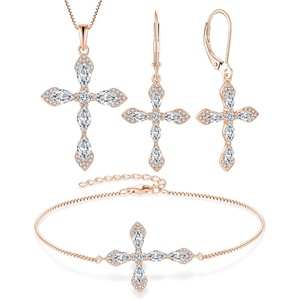 image:image18K Rose Gold Plated Cross Necklace Earrings Bracelet 925 Sterling Silver Cubic Zirconia Jewelry Set Gemstone Crucifix Religious April Birthstone Jewelry for Women