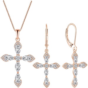 image:image18K Rose Gold Plated Cross Necklace and Earrings 925 Sterling Silver Cubic Zirconia Jewelry Set Gemstone Crucifix Religious Pendant Dangle Earrings April Birthstone Jewelry for Mom Wife