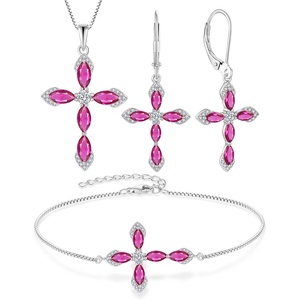 image:imageCross Necklace Earrings Bracelet 925 Sterling Silver Ruby Jewelry Set Gemstone Crucifix Religious July Birthstone Jewelry for Women
