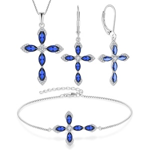 image:imageCross Necklace Earrings Bracelet 925 Sterling Silver Sapphire Jewelry Set Gemstone Crucifix Religious September Birthstone Jewelry for Women