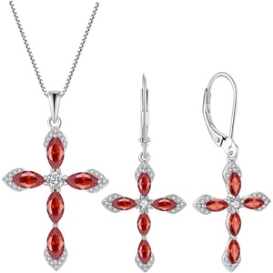 image:imageCross Necklace and Earrings 925 Sterling Silver Garnet Jewelry Set Gemstone Crucifix Religious Pendant Dangle Earrings January Birthstone Jewelry for Mom Wife