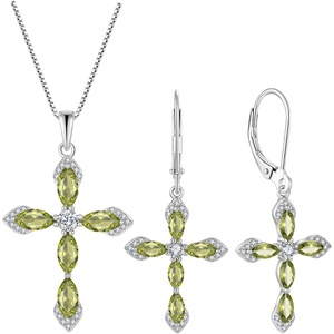 image:imageCross Necklace and Earrings 925 Sterling Silver Peridot Jewelry Set Gemstone Crucifix Religious Pendant Dangle Earrings August Birthstone Jewelry for Mom Wife
